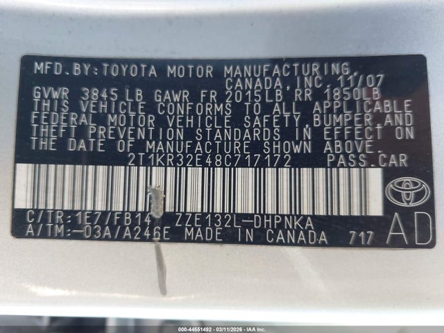 Продаж на аукціоні авто 2008 Toyota Matrix Xr, vin: 2T1KR32E48C717172, номер лоту: 44551492