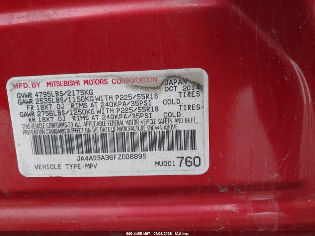 Aukcja sprzedaży 2015 Mitsubishi Outlander Se, vin: JA4AD3A36FZ008895, numer aukcji: 44551497