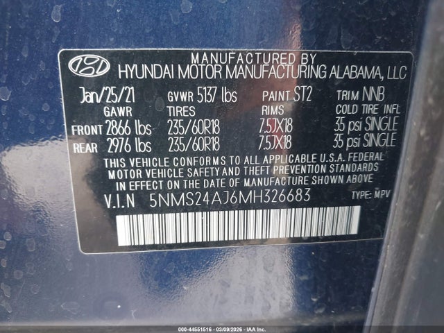Aukcja sprzedaży 2021 Hyundai Santa Fe Sel, vin: 5NMS24AJ6MH326683, numer aukcji: 44551516