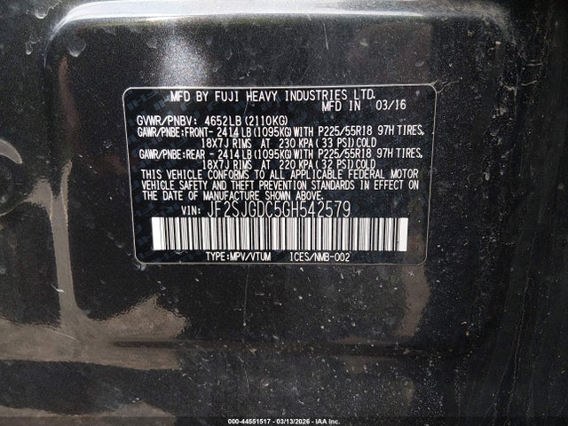 Продажа на аукционе авто 2016 Subaru Forester 2.0xt Premium, vin: JF2SJGDC5GH542579, номер лота: 44551517