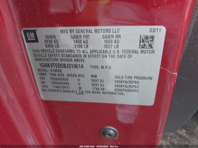 44551545 :رقم المزاد ، 1GKKVTED5BJ319614 vin ، 2011 Gmc Acadia Denali مزاد بيع