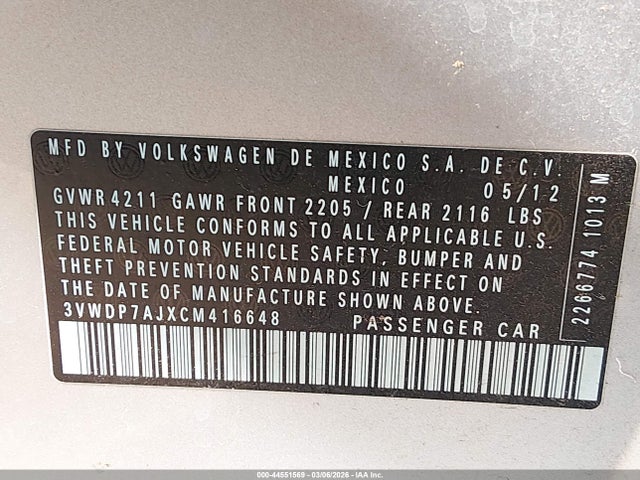 2012 Volkswagen Jetta 2.5l Se მანქანა იყიდება აუქციონზე, vin: 3VWDP7AJXCM416648, აუქციონის ნომერი: 44551569