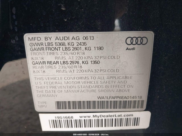 44551580 :رقم المزاد ، WA1LFAFP6EA014518 vin ، 2014 Audi Q5 2.0t Premium مزاد بيع