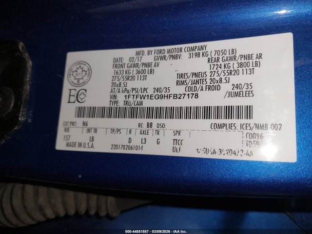 2017 Ford F-150 Lariat მანქანა იყიდება აუქციონზე, vin: 1FTFW1EG9HFB27178, აუქციონის ნომერი: 44551587