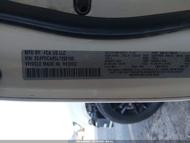 44551607 :رقم المزاد ، 3C4PDCAB5LT262155 vin ، 2020 Dodge Journey Se Value مزاد بيع