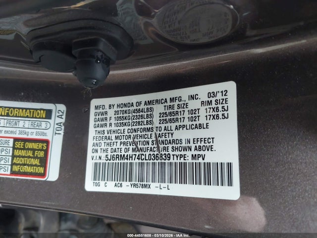 2012 Honda Cr-v Ex-l მანქანა იყიდება აუქციონზე, vin: 5J6RM4H74CL036839, აუქციონის ნომერი: 44551608