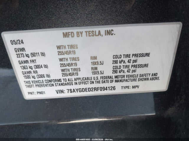 Продажа на аукционе авто 2024 Tesla Model Y Rwd, vin: 7SAYGDED2RF094126, номер лота: 44551653