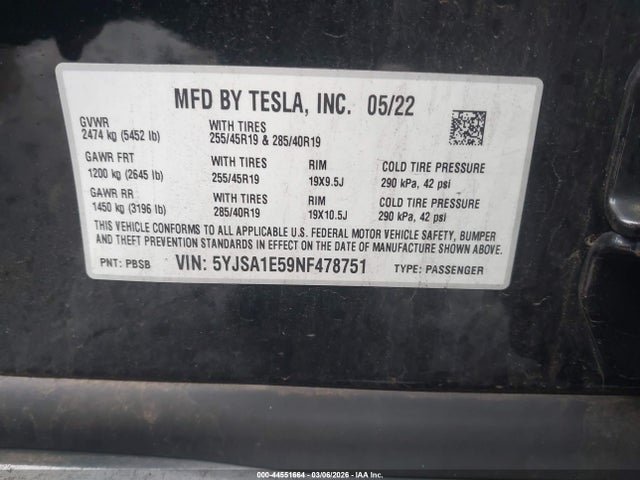 44551664 :رقم المزاد ، 5YJSA1E59NF478751 vin ، 2022 Tesla Model S Dual Motor All-wheel Drive مزاد بيع