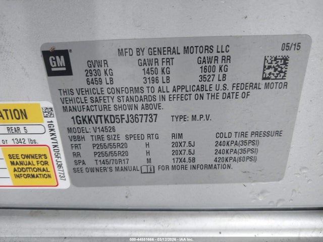 Aukcja sprzedaży 2015 Gmc Acadia Denali, vin: 1GKKVTKD5FJ367737, numer aukcji: 44551666