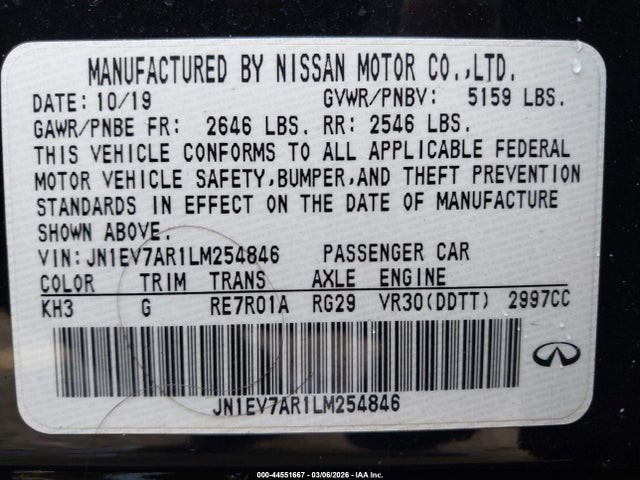 Auction sale of the 2020 Infiniti Q50 Luxe Awd, vin: JN1EV7AR1LM254846, lot number: 44551667