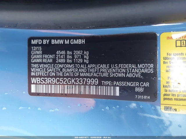 Продажа на аукционе авто 2016 Bmw M4, vin: WBS3R9C52GK337999, номер лота: 44551671