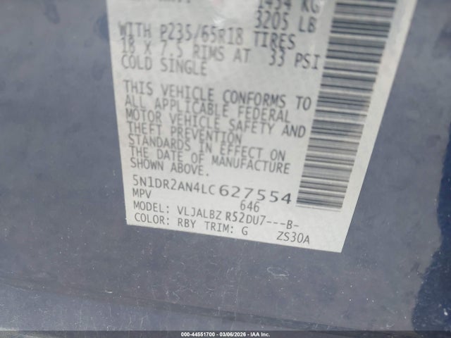 Auction sale of the 2020 Nissan Pathfinder S 2wd, vin: 5N1DR2AN4LC627554, lot number: 44551700