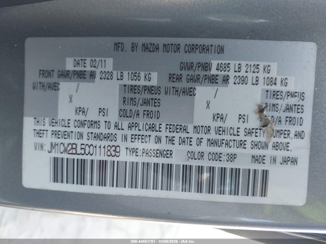 2012 Mazda Mazda5 Sport მანქანა იყიდება აუქციონზე, vin: JM1CW2BL5C0111839, აუქციონის ნომერი: 44551701