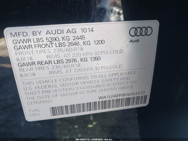 Aukcja sprzedaży 2015 Audi Q5 2.0t Premium, vin: WA1LFAFP8FA054312, numer aukcji: 44551715