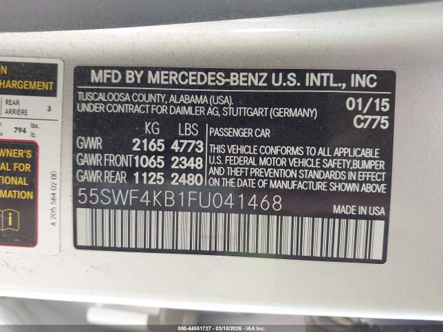 Продаж на аукціоні авто 2015 Mercedes-benz C 300 Luxury 4matic, vin: 55SWF4KB1FU041468, номер лоту: 44551727