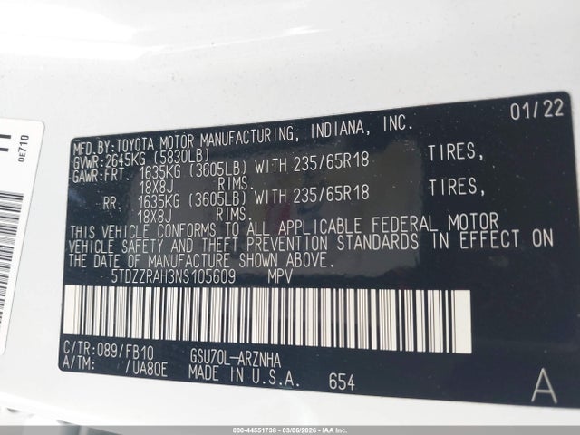 Toyota Highlander Le 2022 5TDZZRAH3NS105609 Image 9