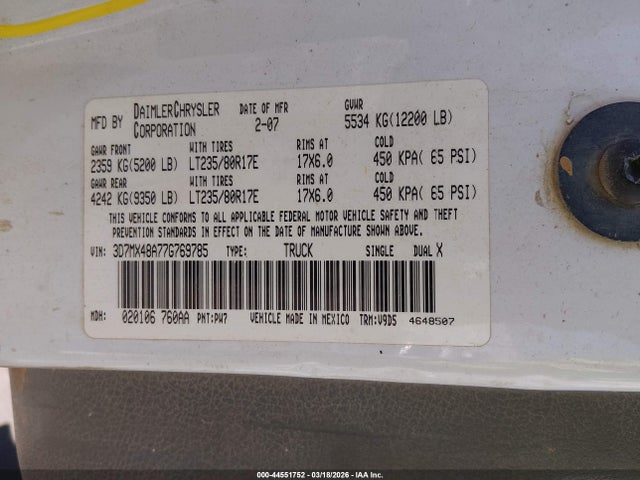 Продажа на аукционе авто 2007 Dodge Ram 3500 Slt/sport, vin: 3D7MX48A77G769785, номер лота: 44551752