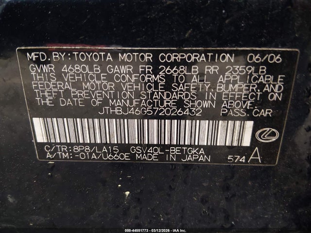 2007 Lexus Es 350 მანქანა იყიდება აუქციონზე, vin: JTHBJ46G572026432, აუქციონის ნომერი: 44551773