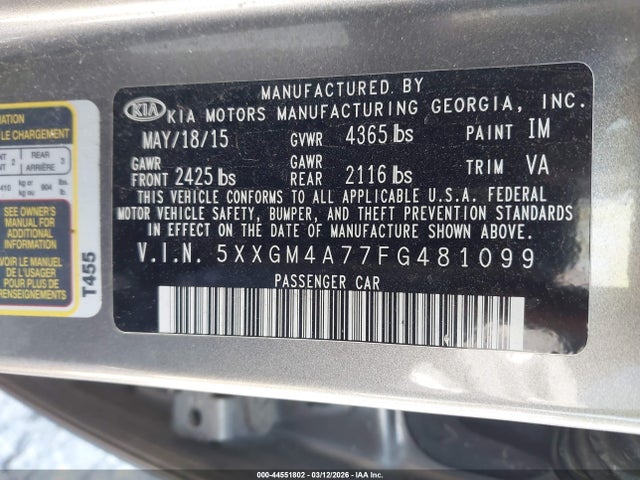Продажа на аукционе авто 2015 Kia Optima Lx, vin: 5XXGM4A77FG481099, номер лота: 44551802