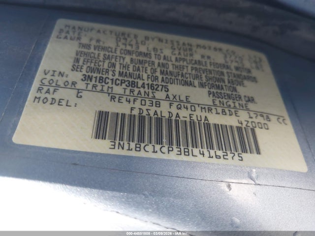 44551808 :رقم المزاد ، 3N1BC1CP3BL416275 vin ، 2011 Nissan Versa 1.8s مزاد بيع