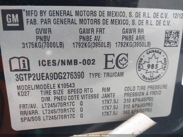 Aukcja sprzedaży 2013 Gmc Sierra 1500 Sl, vin: 3GTP2UEA9DG276390, numer aukcji: 44551843