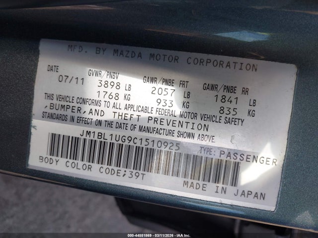 Aukcja sprzedaży 2012 Mazda Mazda3 I Sport, vin: JM1BL1UG9C1510925, numer aukcji: 44551869