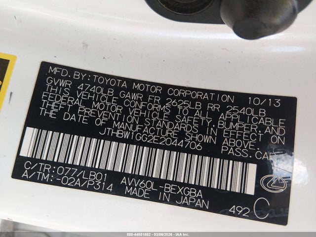 Aukcja sprzedaży 2014 Lexus Es 300h, vin: JTHBW1GG2E2044706, numer aukcji: 44551882