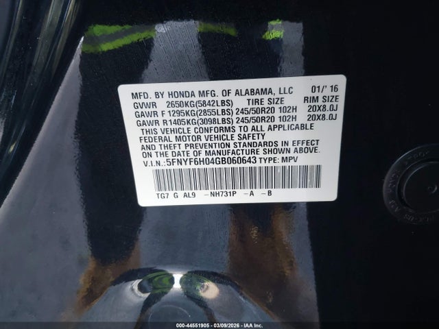 5FNYF6H04GB060643 Honda Pilot Elite