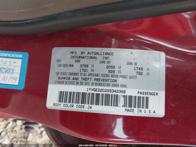 44551906 :رقم المزاد ، 1YVGE22C2S5342388 vin ، 1995 Mazda 626 Dx/lx مزاد بيع