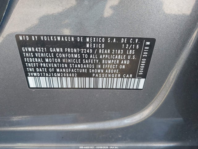 44551921 :رقم المزاد ، 3VWD17AJ1GM298402 vin ، 2016 Volkswagen Jetta 1.8t Sport مزاد بيع