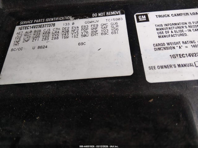 44551928 :رقم المزاد ، 1GTEC14V23E377378 vin ، 2003 Gmc Sierra 1500 Work Truck مزاد بيع