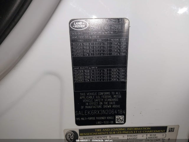 44552011 :رقم المزاد ، SALEK6RX3N2064184 vin ، 2022 Land Rover Defender 90 Standard مزاد بيع