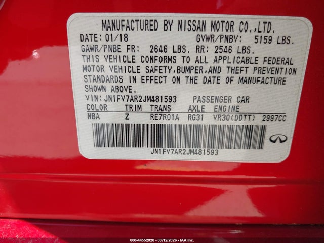 44552020 :رقم المزاد ، JN1FV7AR2JM481593 vin ، 2018 Infiniti Q50 3.0t Red Sport 400 مزاد بيع
