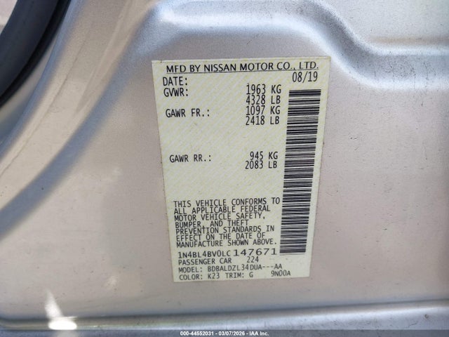 Продаж на аукціоні авто 2020 Nissan Altima S Fwd, vin: 1N4BL4BV0LC147671, номер лоту: 44552031