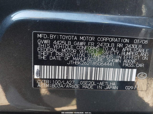 Aukcja sprzedaży 2008 Lexus Is 250, vin: JTHBK262185064441, numer aukcji: 44552060