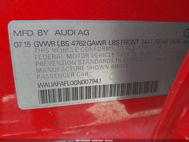 44552065 :رقم المزاد ، WAUAFAFL0GN007941 vin ، 2016 Audi A4 2.0t Premium مزاد بيع