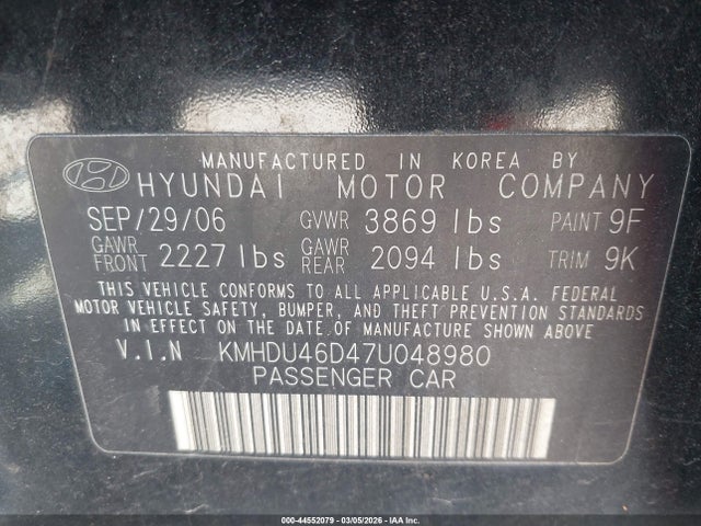Aukcja sprzedaży 2007 Hyundai Elantra Gls/limited/se, vin: KMHDU46D47U048980, numer aukcji: 44552079