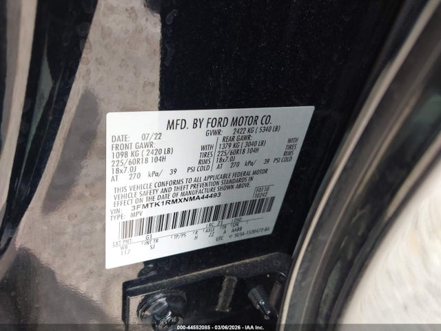 Продажа на аукционе авто 2022 Ford Mustang Mach-e Select, vin: 3FMTK1RMXNMA44493, номер лота: 44552085