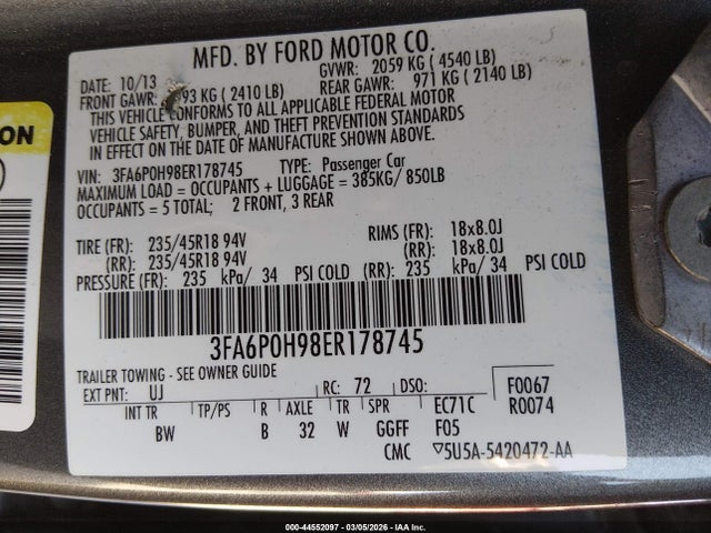 Ford FUSION SE 2014 3FA6P0H98ER178745 Image 9