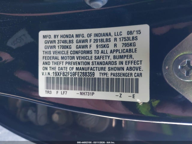 Honda Civic Lx 2015 19XFB2F59FE288359 Image 9