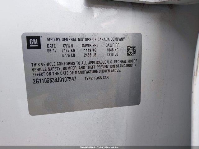 Aukcja sprzedaży 2018 Chevrolet Impala 1lt, vin: 2G1105S38J9107547, numer aukcji: 44552105