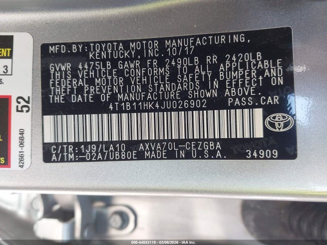 4T1B11HK4JU026902 Toyota CAMRY XLE