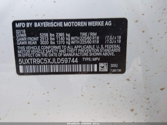 Продаж на аукціоні авто 2018 Bmw X3 Xdrive30i, vin: 5UXTR9C5XJLD59744, номер лоту: 44552133