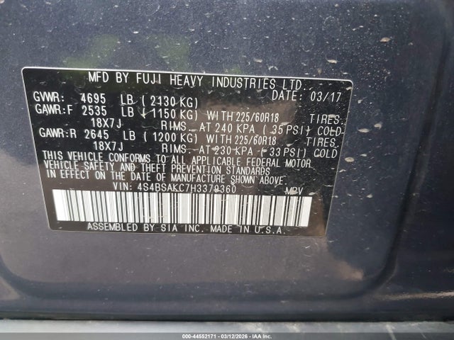 Aukcja sprzedaży 2017 Subaru Outback 2.5i Limited, vin: 4S4BSAKC7H3379360, numer aukcji: 44552171