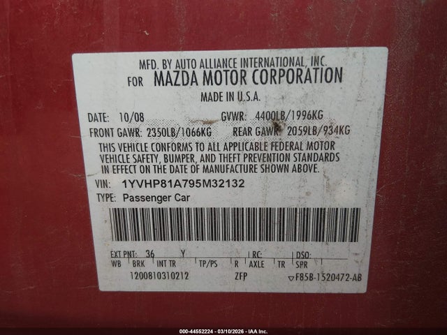 44552224 :رقم المزاد ، 1YVHP81A795M32132 vin ، 2009 Mazda Mazda6 I Sport مزاد بيع