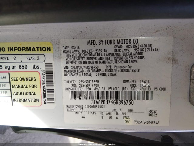 Ford FUSION SE 2016 3FA6P0H74GR396750 Image 9