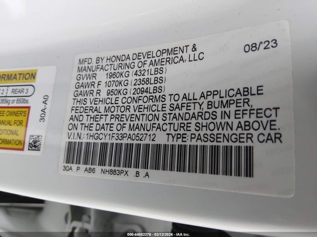 1HGCY1F33PA052712 Honda ACCORD EX
