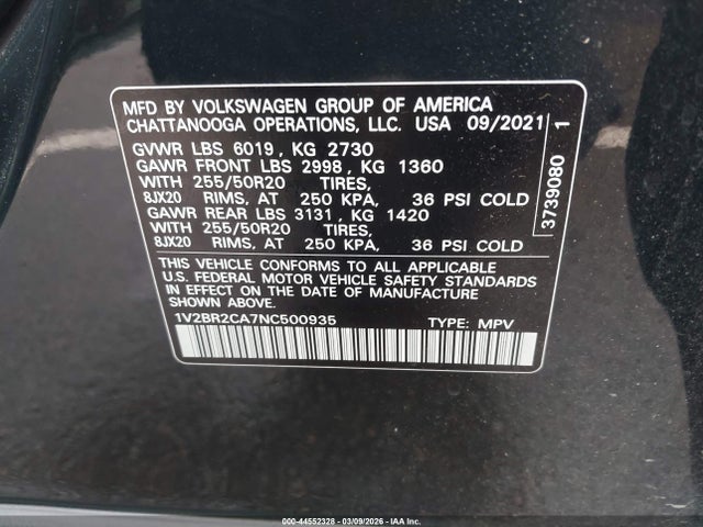 Продажа на аукционе авто 2022 Volkswagen Atlas 3.6l V6 Sel, vin: 1V2BR2CA7NC500935, номер лота: 44552328