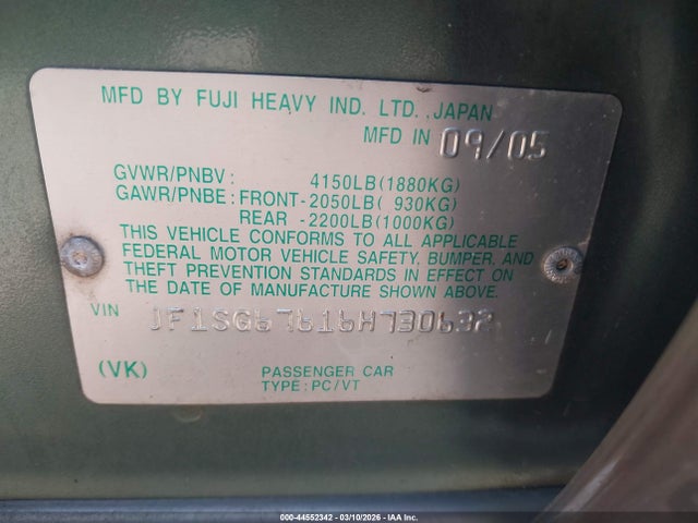 Aukcja sprzedaży 2006 Subaru Forester 2.5x L.l. Bean Edition, vin: JF1SG67616H730632, numer aukcji: 44552342