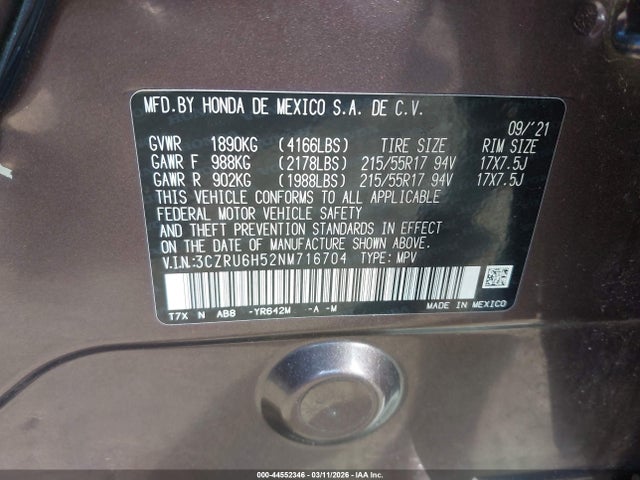 44552346 :رقم المزاد ، 3CZRU6H52NM716704 vin ، 2022 Honda Hr-v Awd Ex مزاد بيع
